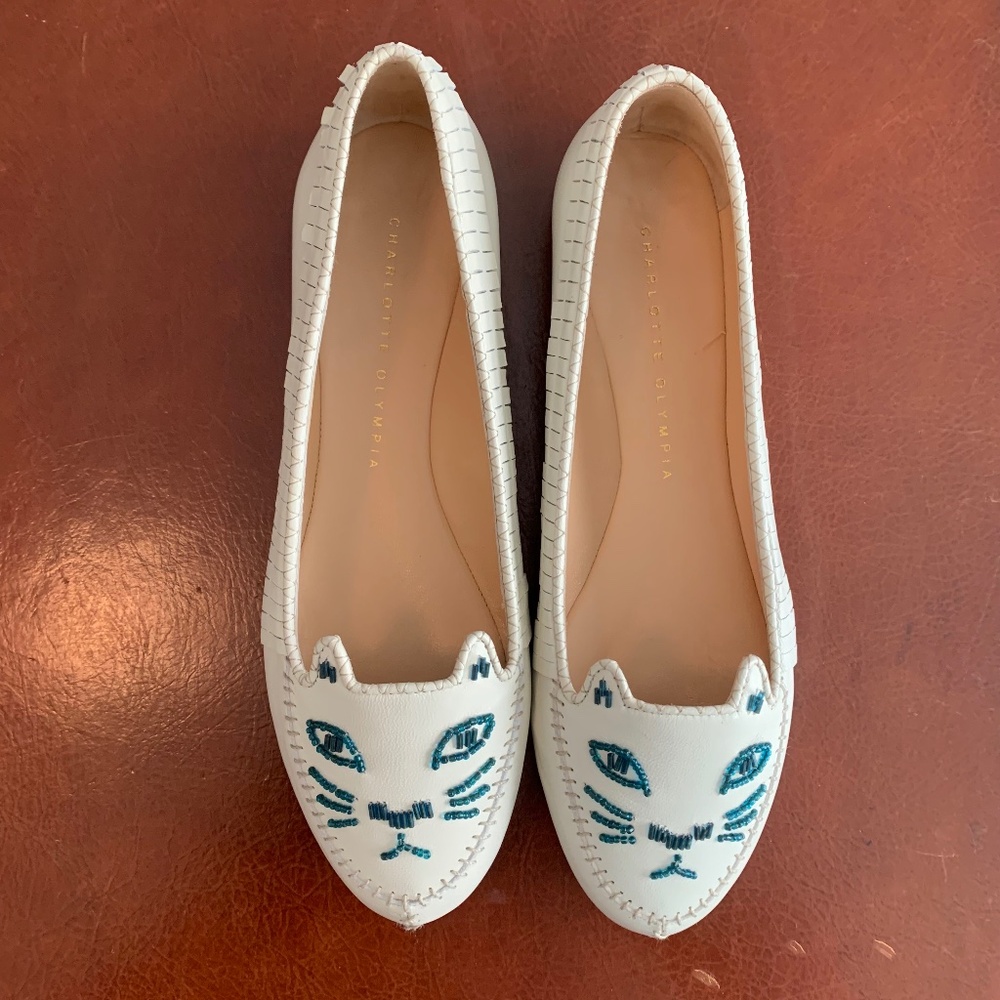 Charlotte Olympia White Leather Kitty Moccasin, Size 38
